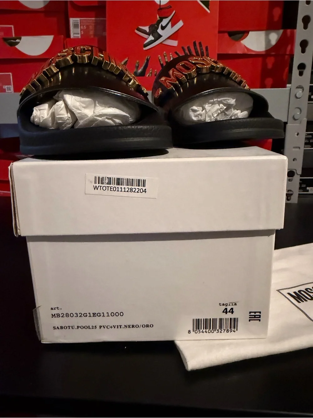 Moschino Black Slides with Gold Logo Plaque